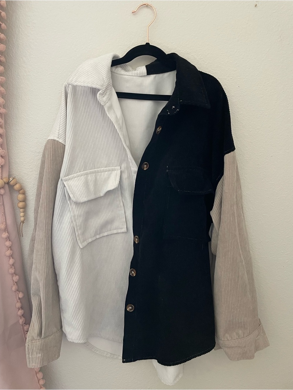 Two-Tone Corduroy Button-Up Shirt Jacket — Black, White & Taupe Sleeves